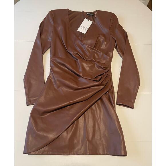 Zara Faux Leather Mini Dress NWT Brown Surplice V-Neck Ruched Long Sleeves Sz M - Picture 6 of 12